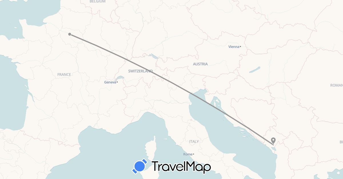 TravelMap itinerary: driving, plane in France, Montenegro (Europe)